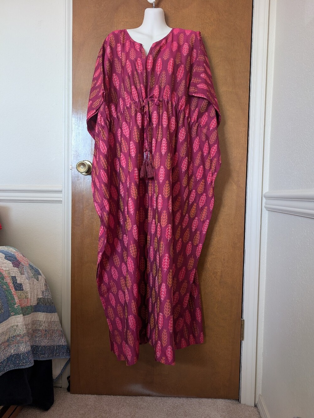 Pax Philomena Pink Orange Leaf Print Pattern Long Kaftan Dress Cover-Up
